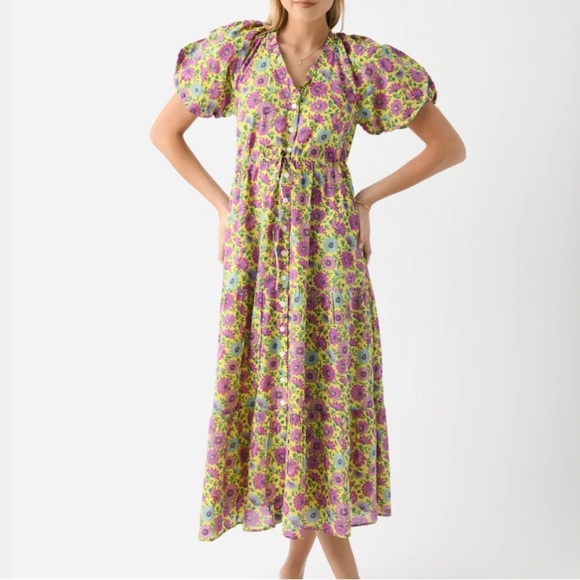 Banjanan Dresses & Skirts - Banjanan Floral Puff Sleeve Poppy Midi Dress-Women’s S-Yellow/Pink Flowers-NEW